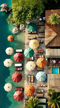 Charming outdoor lake resort with colorful umbrellas and seating by waters edge.