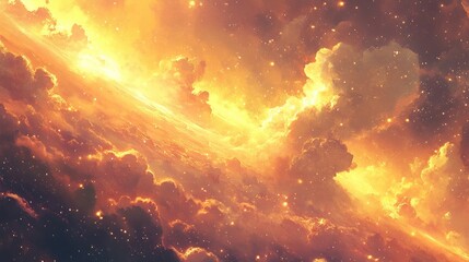 Breathtaking celestial scene with vibrant golden clouds and sparkling stars in a cosmic landscape