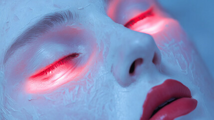 A model relaxes as a red light therapy treatment rejuvenates her skin. The tranquil environment highlights her serene expression and smooth, facial mask application