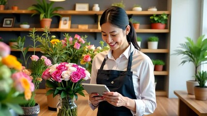 A smiling Asian female florist holds flowers near the counter and smiles at the camera. A young Asian saleswoman at a florist shop. Small business development. Generative 4k video.