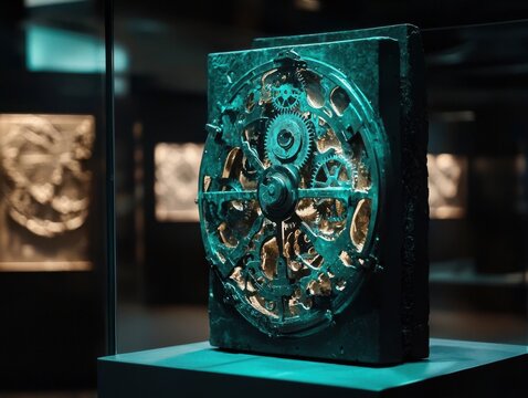 Ornate mechanical artifact featuring intricate gears and structural design elements, illuminated by subtle lighting, on display.