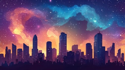 A Stunning Cityscape Silhouetted Against a Vibrant Starry Sky