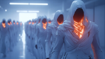 A line of faceless figures dressed in flowing white garments with luminous orange patterns moves steadily through a futuristic, dimly lit hallway