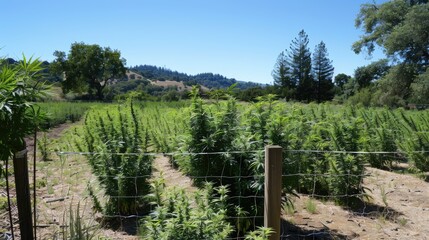 Fototapeta premium Lush green cannabis plants thriving in a sunny field, surrounded by hills and trees under a clear blue sky