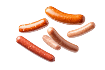 Bunch of hot dogs are flying through the air, isolated