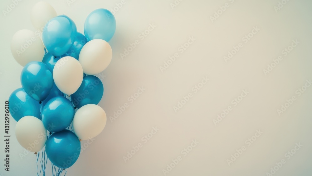 Poster a bunch of blue and white balloons on the left side, against a plain background web banner with copy