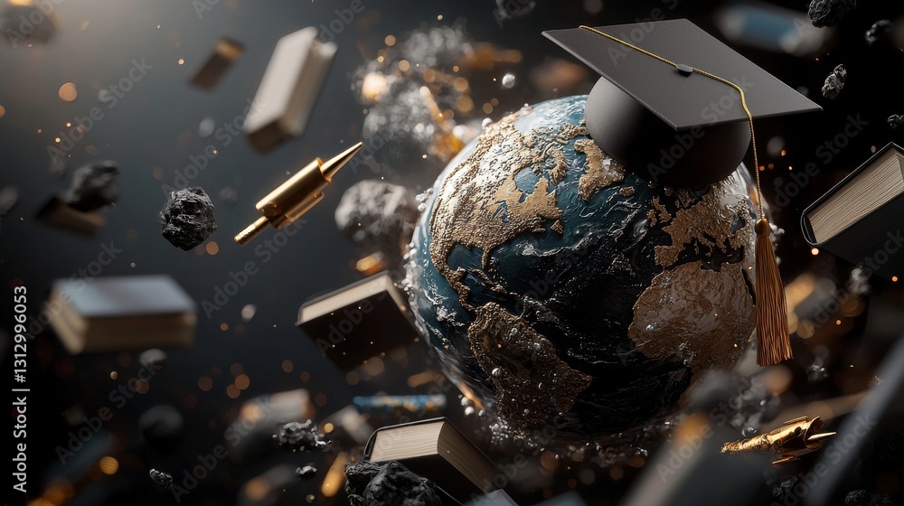 Poster a globe with a black cap on top and a pile of books around it