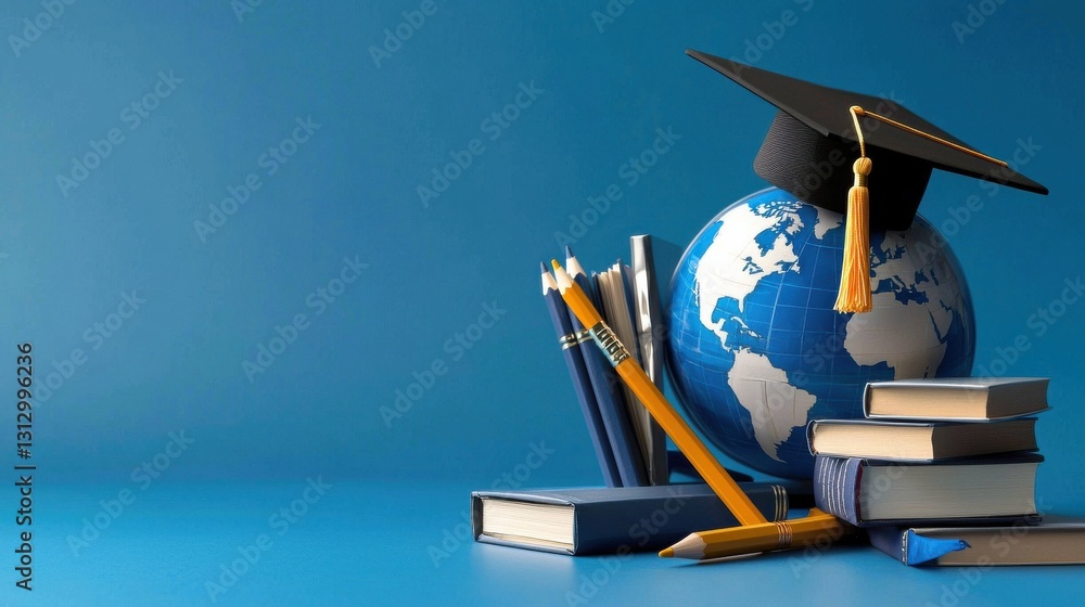 Poster a blue background with a globe and a black cap on top of it