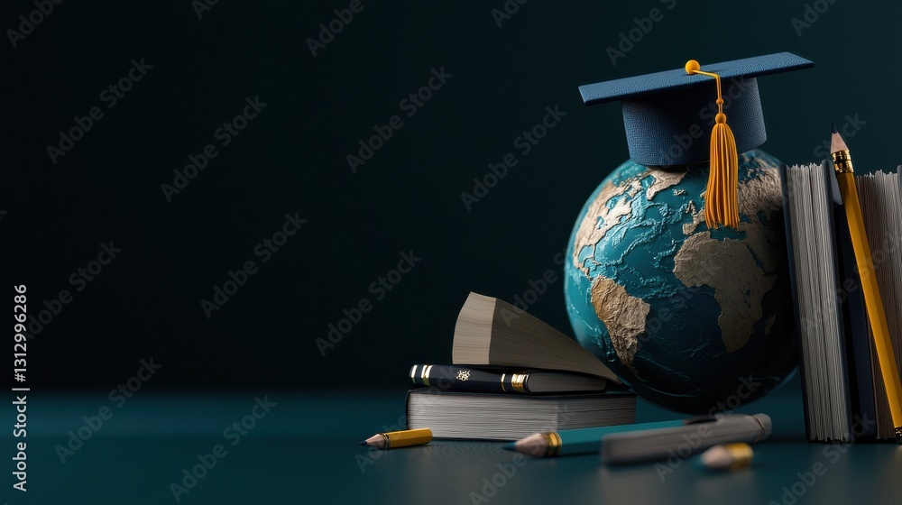 Poster a book with a globe and a cap on top of it