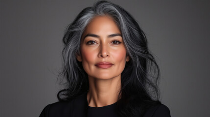 Fototapeta premium A mature woman stands confidently, showcasing her long grey hair and relaxed demeanor, set against a soft, neutral background, highlighting her poise and elegance