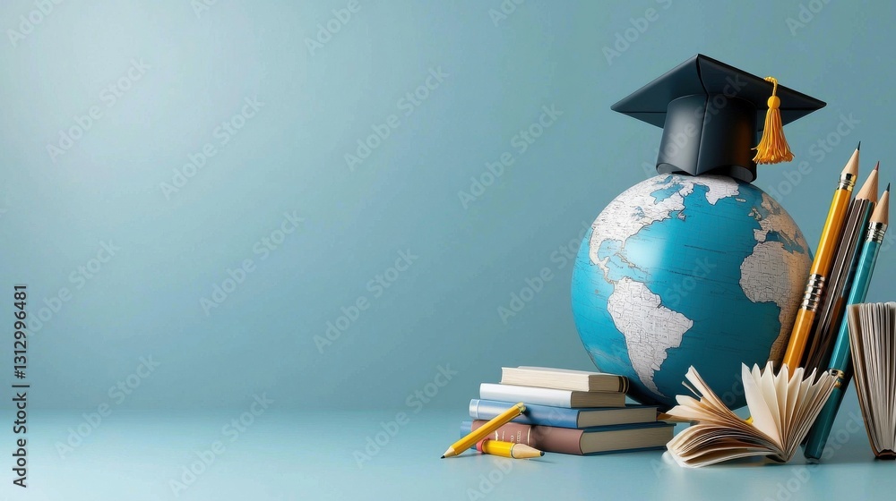 Poster A globe sits on a table with a stack of books and a black cap
