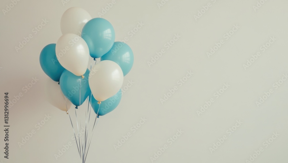 Poster a bunch of blue and white balloons on the left side, against a plain background web banner with copy