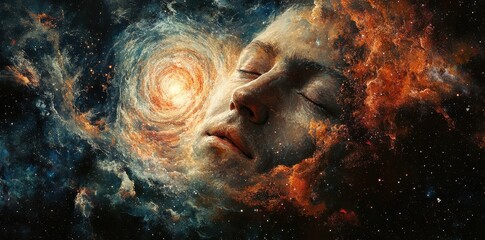 A serene human face is composed of swirling celestial patterns