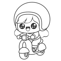 Cute girl riding scooter without friends, for coloring