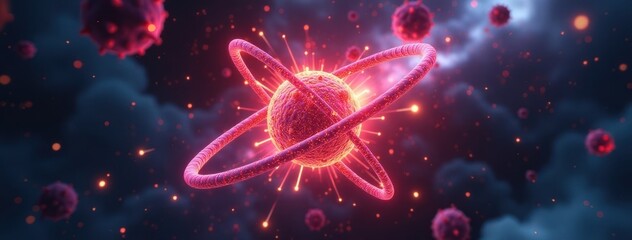 Fototapeta premium Glowing Red Atom Model with Orbiting Electrons. Excellent for visually striking science education materials, projects related to atomic energy and quantum physics. 