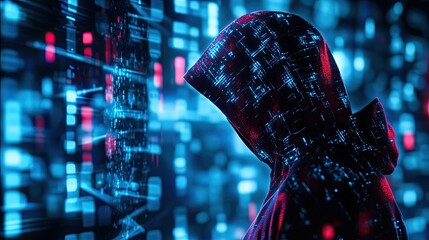 Mysterious Figure in Hooded Cloak Surrounded by Digital Data Streams