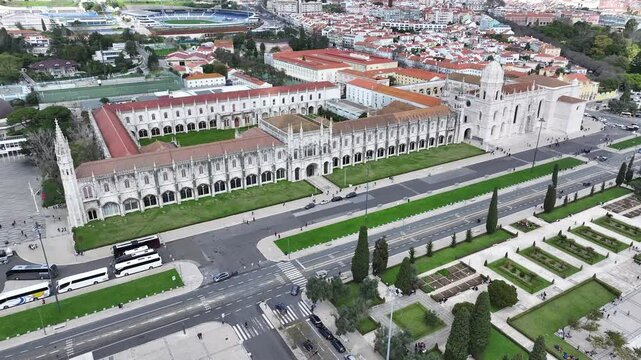 Jeronimos Monastery At Lisbon In District Of Lisbon Portugal. Medieval Building. Tourism Landmark. Jeronimos Monastery At Lisbon In Portugal. Empire Square. Monastery Landscape. Lisbon Skyline.