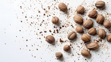 Walnuts on Textured Surface: A collection of fresh, brown walnuts is scattered across a surface speckled with fine fragments, creating a rustic, inviting display