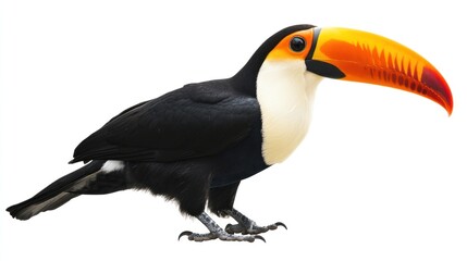 Obraz premium Colorful toucan perched against a white background, showcasing its vibrant beak