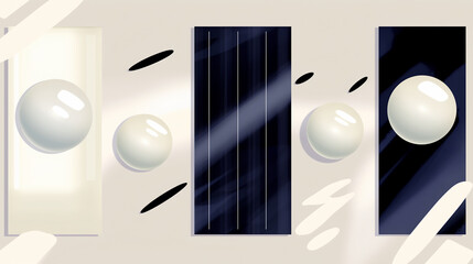 Sophisticated Abstract Composition Featuring Geometric Forms, Glossy Spheres, and Vertical Lines in Striking Monochrome and Pearl Tones Creating a Sleek, Balanced, and Contemporary Visual Aesthetic