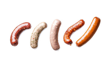 Row of sausages with different colors and flavors, isolated