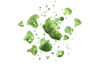 Fototapeta premium Bunch of broccoli is scattered all over the image, isolated