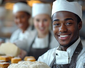 Baker smiling for bakery team, food preparation.