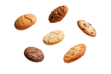 Close up of six different types of cookies, isolated