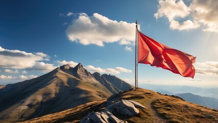 A scenic mountain peak bathed in golden sunlight, with a narrow path leading to a single flag pole adorned with a blue flag.