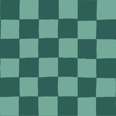 Checkerboard seamless vector repeat pattern in tonal teal greens. Hand drawn imperfect checker for tropical, mens designs, packaging, fabric, St Patricks, Christmas, spring, gardening.