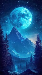 Fototapeta premium A large blue moon shines above majestic mountains and trees