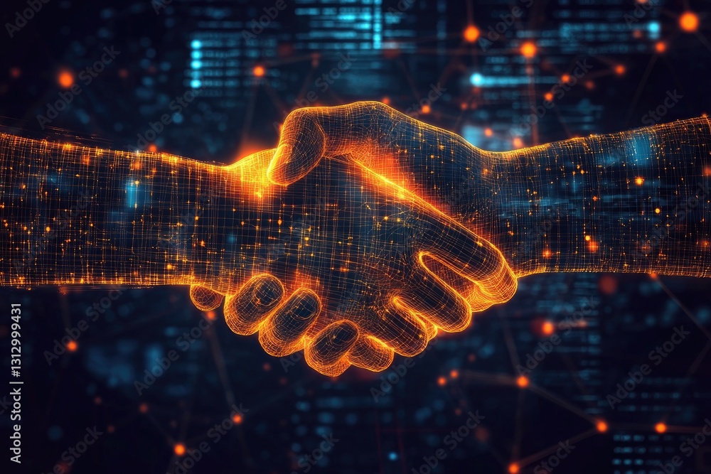 Poster digital handshake representing technological collaboration and partnership in the data age