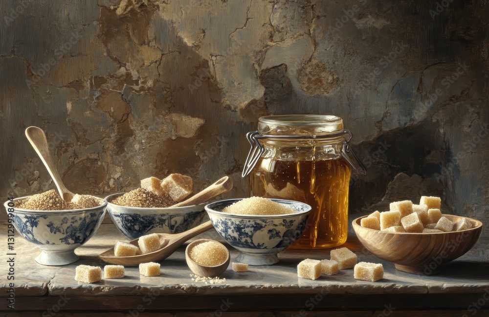 Poster exquisite display of various sugars in elegant bowls with honey jar and sugar cubes on rustic backgr