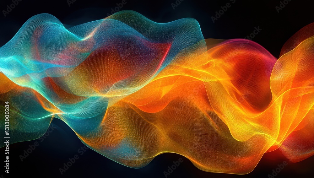 Poster flowing waves of colorful light in a dark background, abstract art with soft gradients, vibrant patt