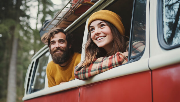 Photo of young caucasian couple leans out of passenger-side window of vintage camper van smiling with forest background. People's Freedom and Camper Lifestyle concept - Powered by Adobe