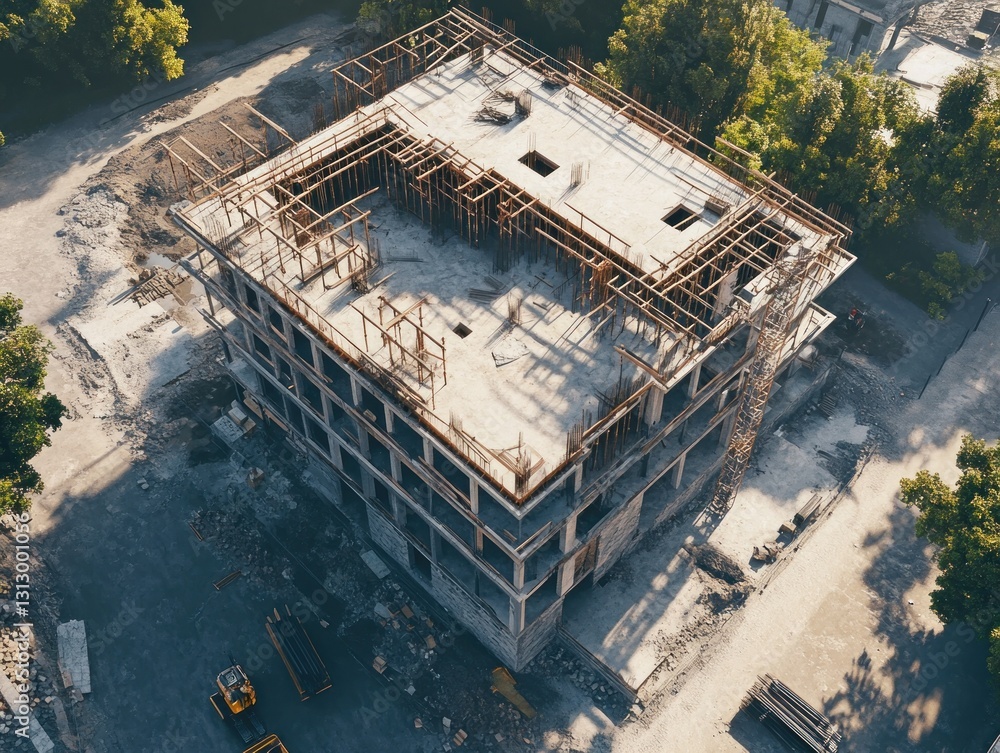 Poster aerial view of a construction site with scaffolding and trees