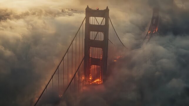 Golden Gate Bridge fire, foggy sunrise, aerial view, disaster scene