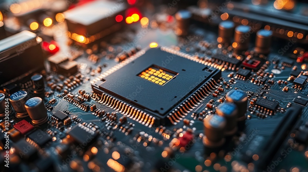 Poster closeup detailed view of modern circuit board technology powerful processor high resolution image el