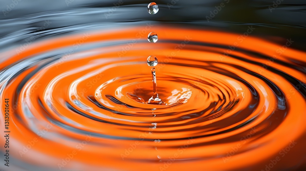 Poster water drops falling into orange liquid creating concentric ripple patterns with splash and reflectio