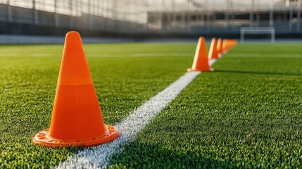 A field with orange cones and a white line