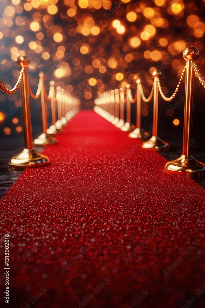 Poster elegant red carpet leading to a glamorous event with bokeh lights