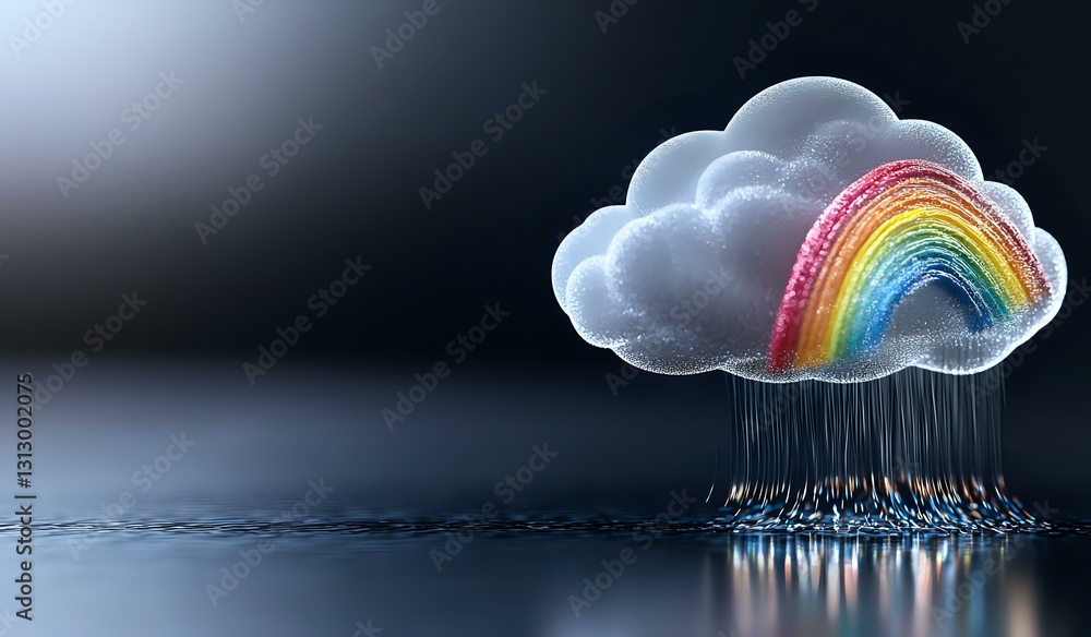 Poster glowing rainbow emerging from rain cloud over reflective water surface, with falling raindrops creat