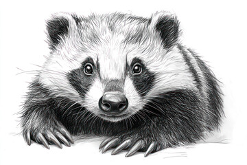 Fototapeta premium A detailed black and white drawing of a badger, done in a graphic style. 