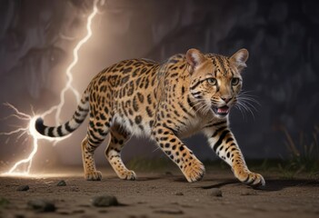 Obraz premium Large leopard cat pouncing on its prey with lightning speed, wild animal attack,