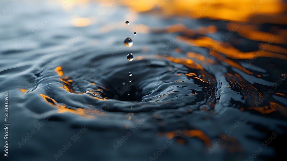 Poster water drops falling into dark rippling surface creating concentric circles with golden sunset reflec