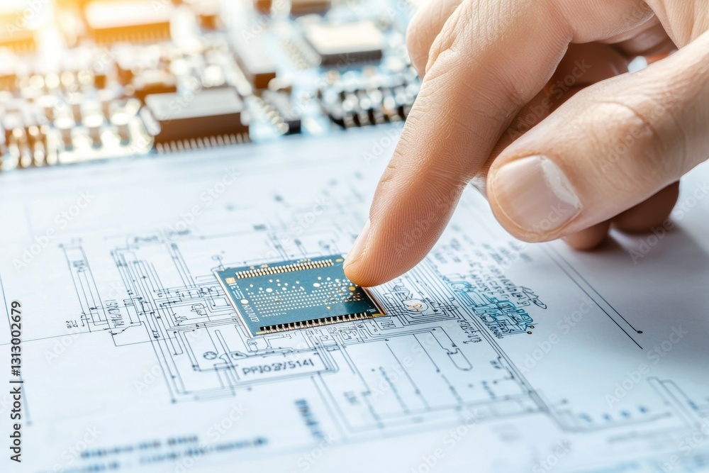 Poster person is pointing at a circuit board with a finger