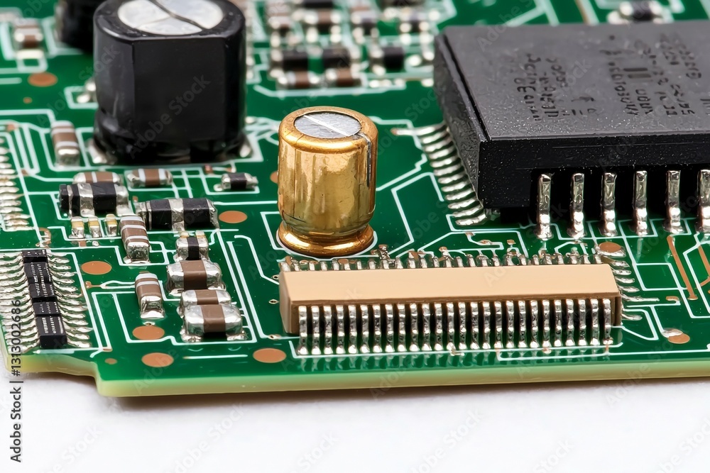 Poster close up of a circuit board with a gold colored component on it