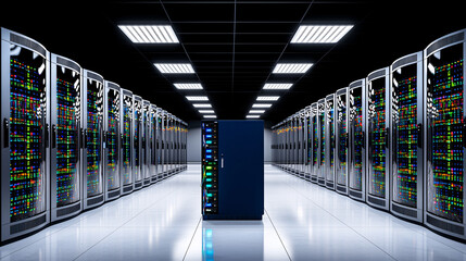 Computer Server Data Center Room With Rack Mounted Servers for Cloud Computing and Cyber Security