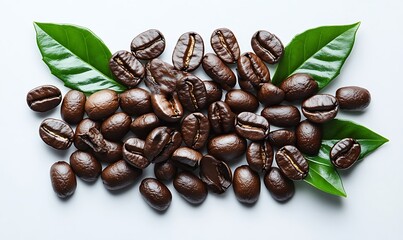 Roasted Coffee Beans with Green Leaves on White Background