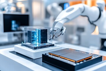 Robotic Arm Manipulating Electronic Components in a Modern Facility
